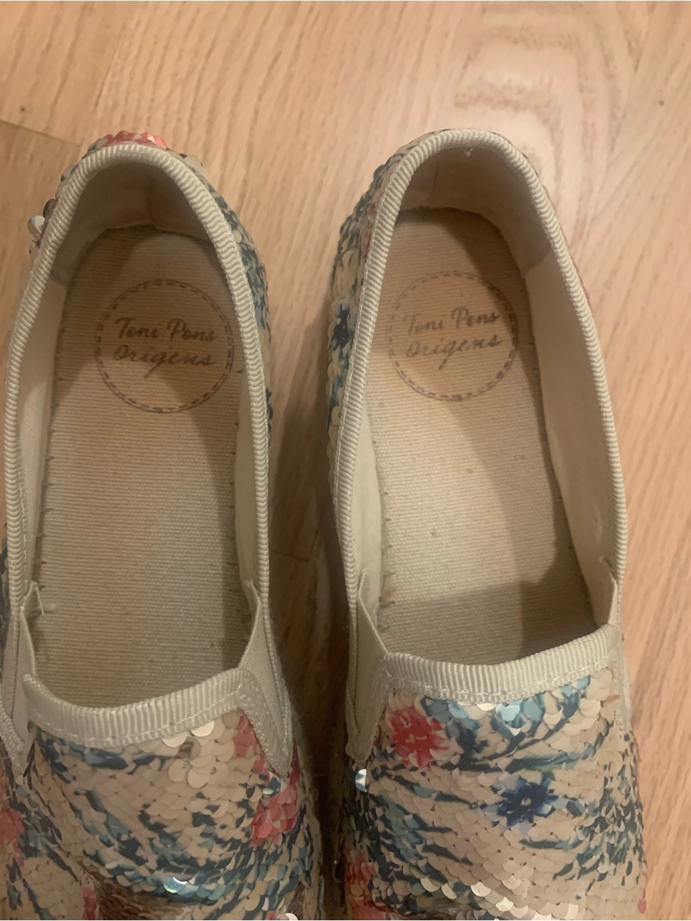 Sequin Floral Espadrille Slip-Ons - Cream Blue Pink - Picture 3 of 5